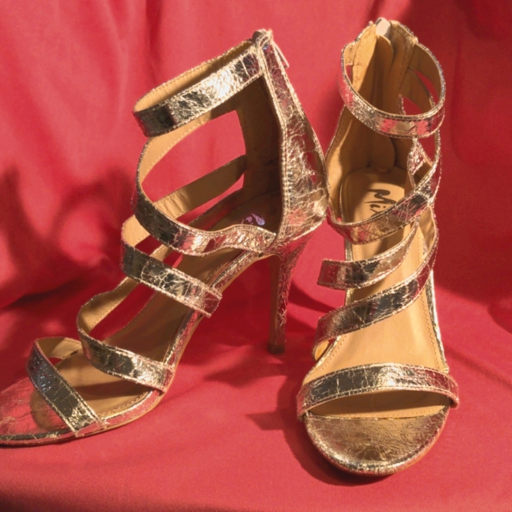 MIXX SHUZ SILVER FOIL STRAPPY ZIP BACK STILLETO
